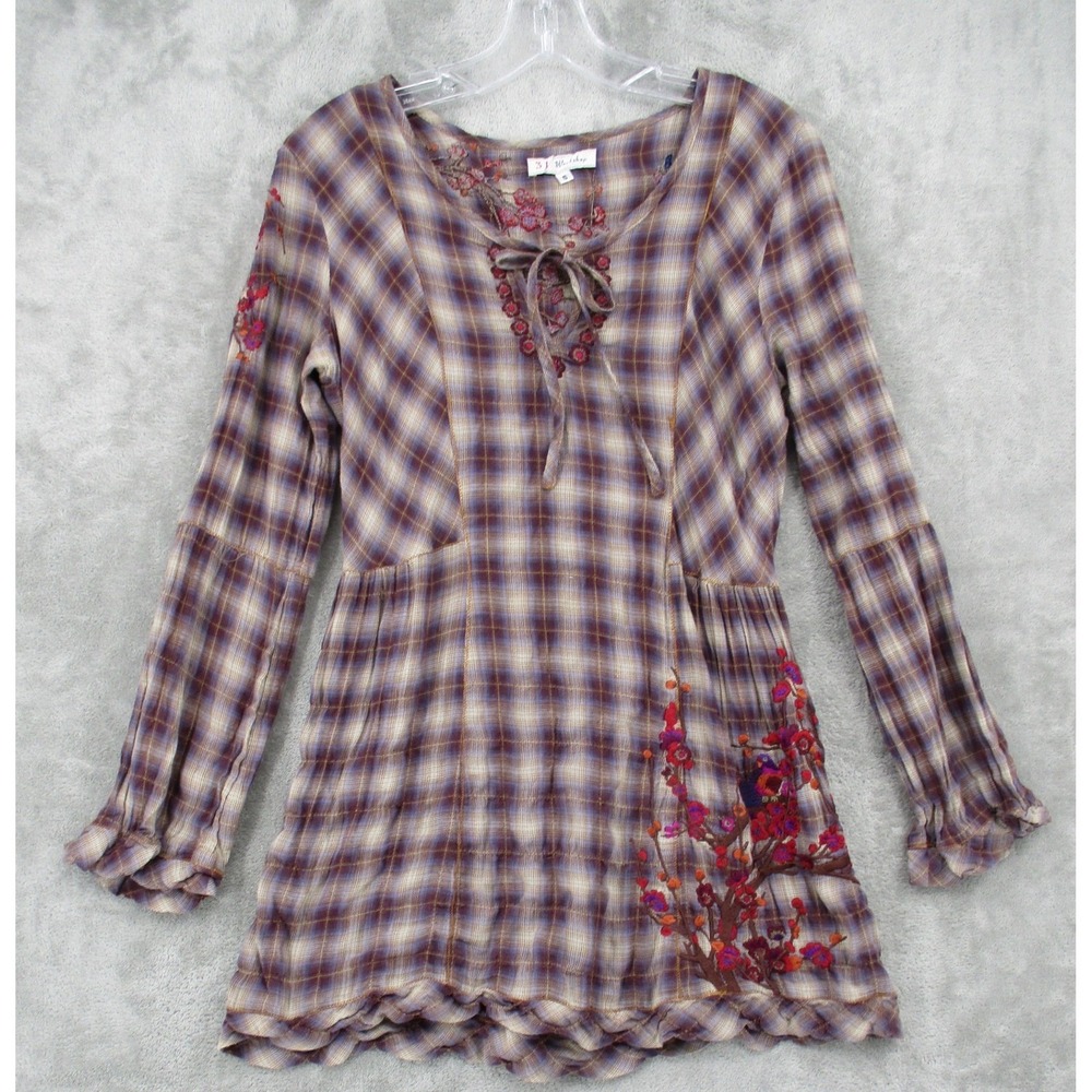 Johnny Was 3J Workshop Blouse Womens Small Floral Embroidered Popover Boho Plaid